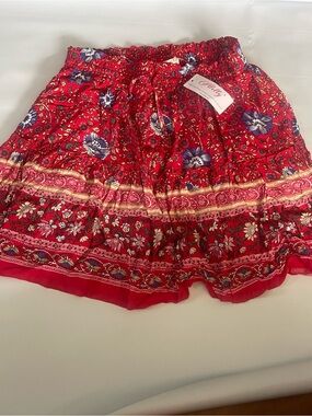 Boho Red Floral Mini Skirt with Tiered Hem L new